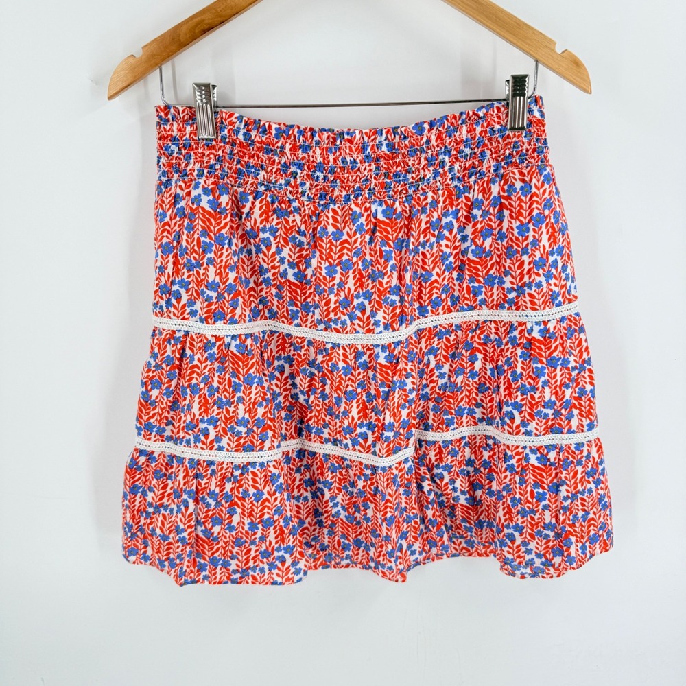 J. Crew Tiered Mini Skirt Red Blue Floral Large L Boho Cottagecore Summer Cotton